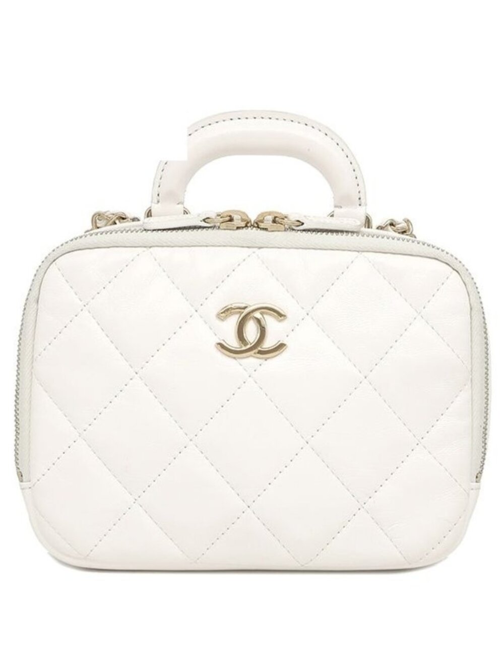 Chanel 2-Way Bag Quilted 18 Top Handle Leather White Gold Handbag
